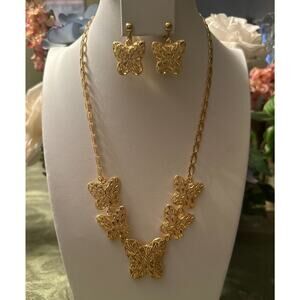 Clip on yellow gold chain butterfly necklace and earring set